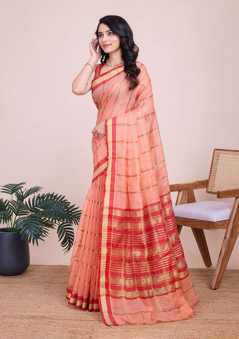 Peach Zari Woven Kota Doria Silk Saree Set - Indya