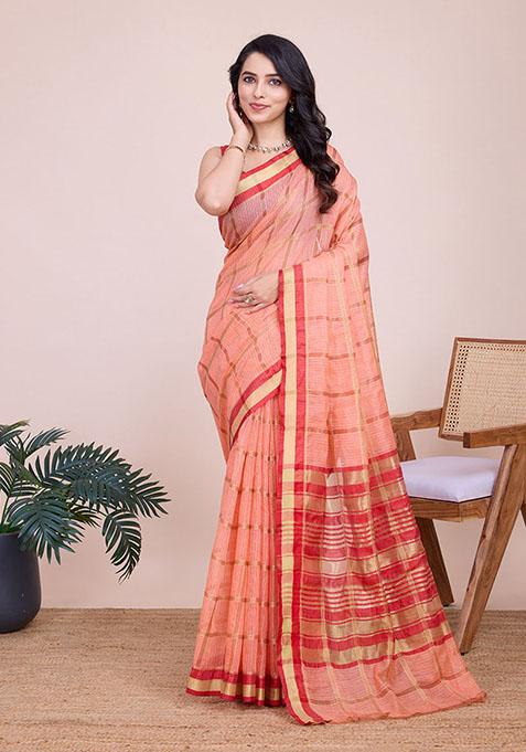 Peach Zari Woven Kota Doria Silk Saree Set