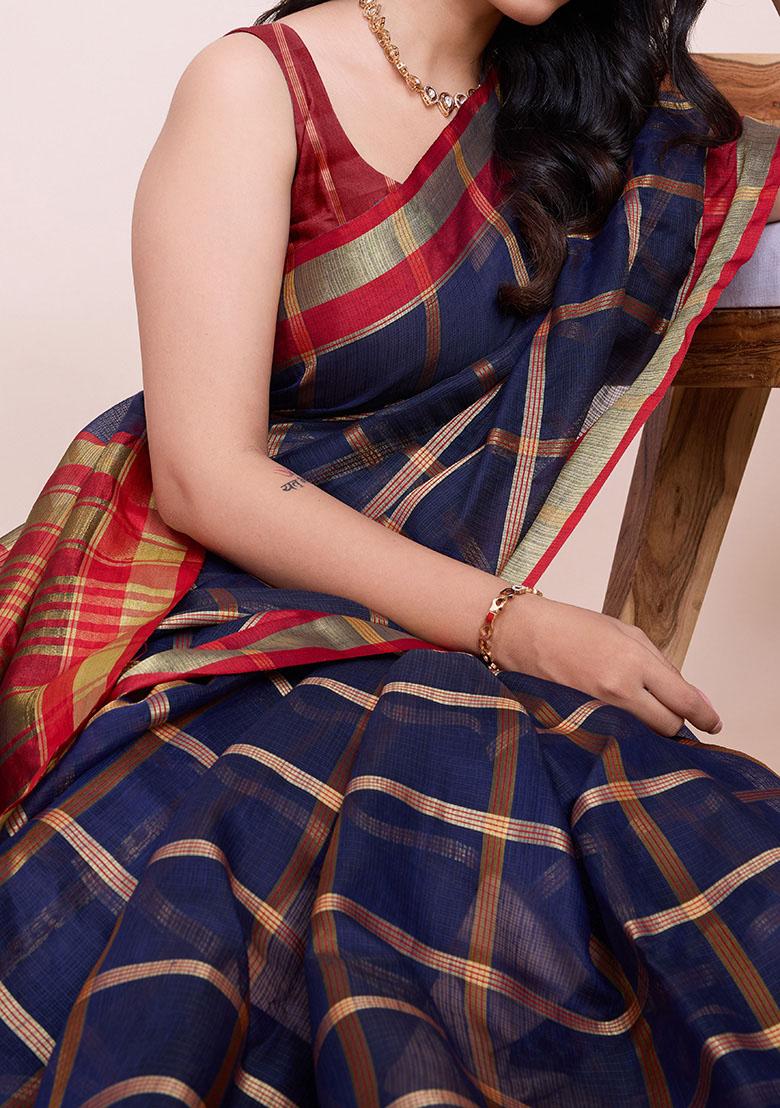 Blue Zari Woven Kota Doria Silk Saree Set