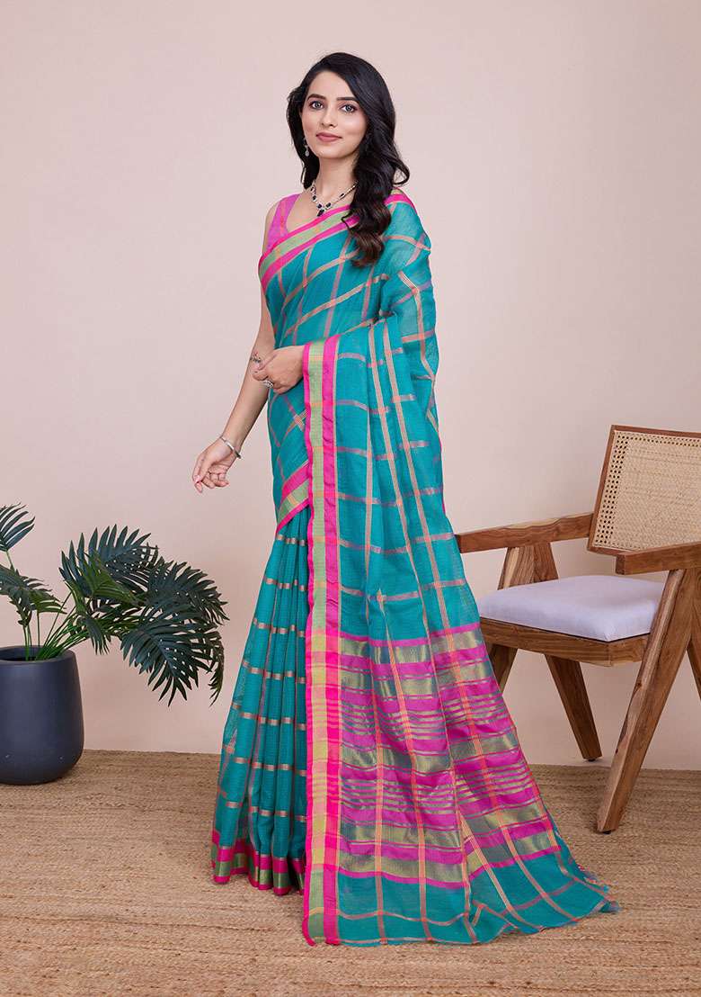Teal Blue Zari Woven Kota Doria Silk Saree Set for Diwali | Wedding & Festive Wear - Indya