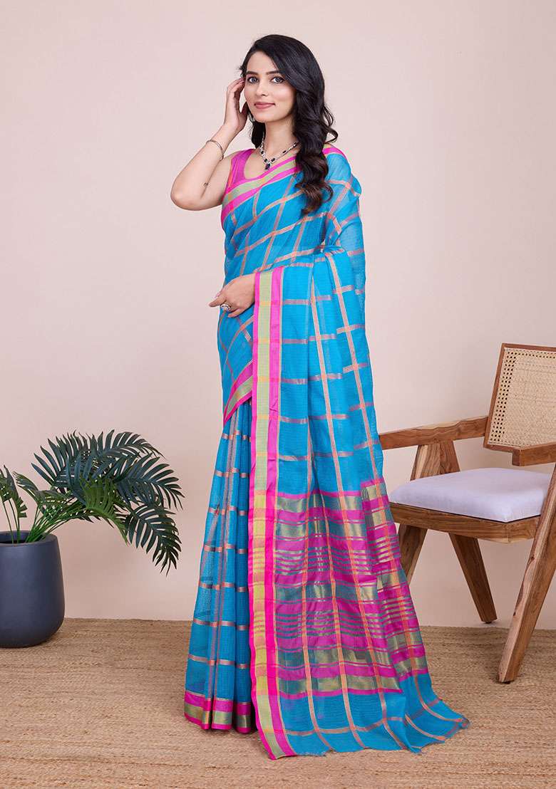 Sky Blue Zari Woven Kota Doria Silk Saree Set for Diwali | Wedding & Festive Wear - Indya
