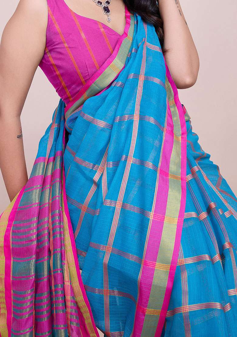 Sky Blue Zari Woven Kota Doria Silk Saree Set for Diwali | Wedding & Festive Wear - Indya