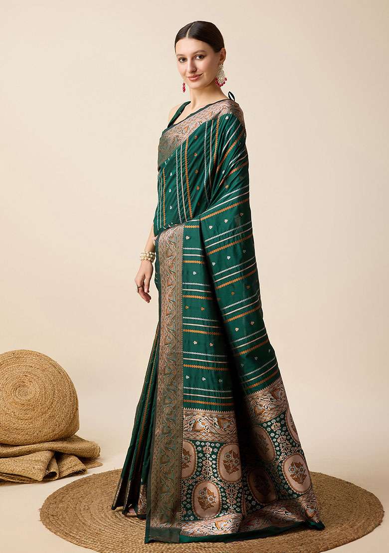 Green Zari Woven Silk Saree Set for Diwali | Wedding & Festive Wear - Indya
