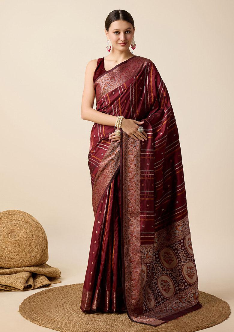 Maroon Zari Woven Silk Saree Set