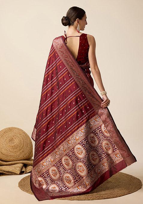 Maroon Zari Woven Silk Saree Set