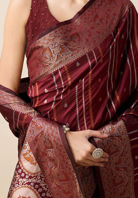 Maroon Zari Woven Silk Saree Set