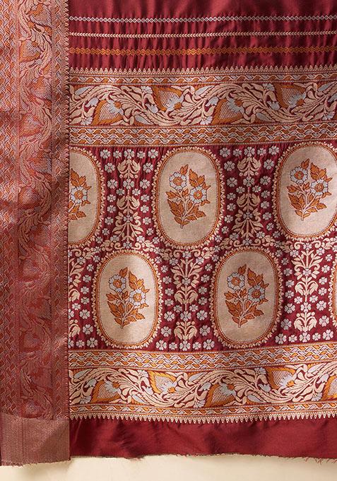 Maroon Zari Woven Silk Saree Set