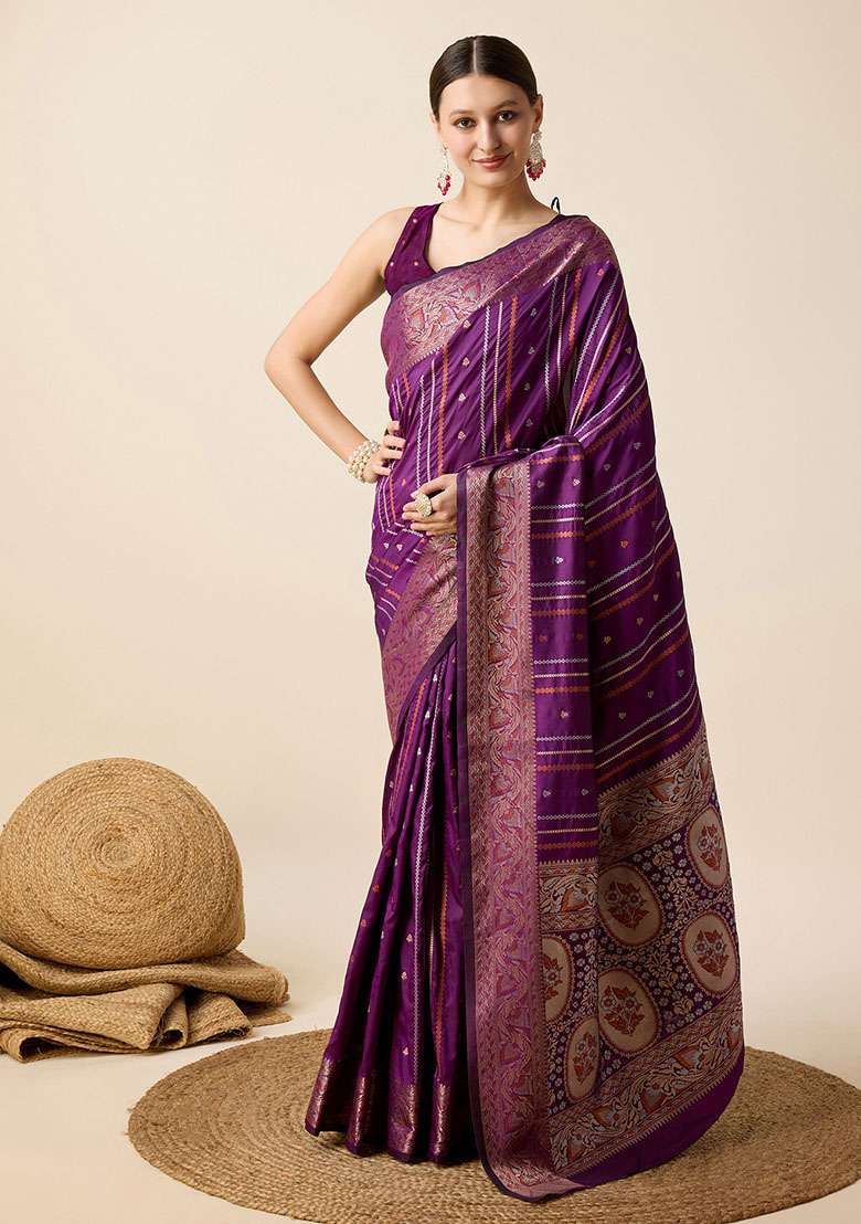 Purple Zari Woven Silk Saree Set for Diwali and Festive Wear - Indya