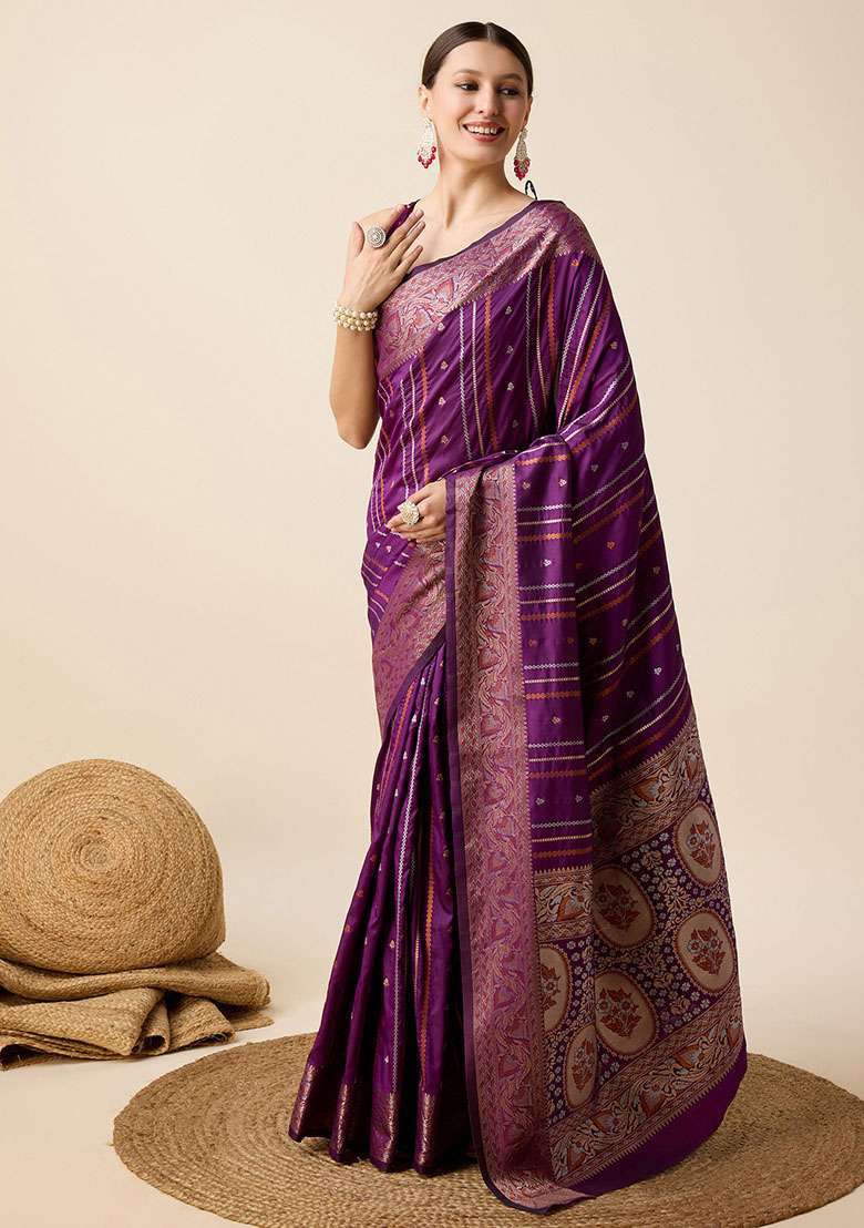 Purple Zari Woven Silk Saree Set for Diwali and Festive Wear - Indya