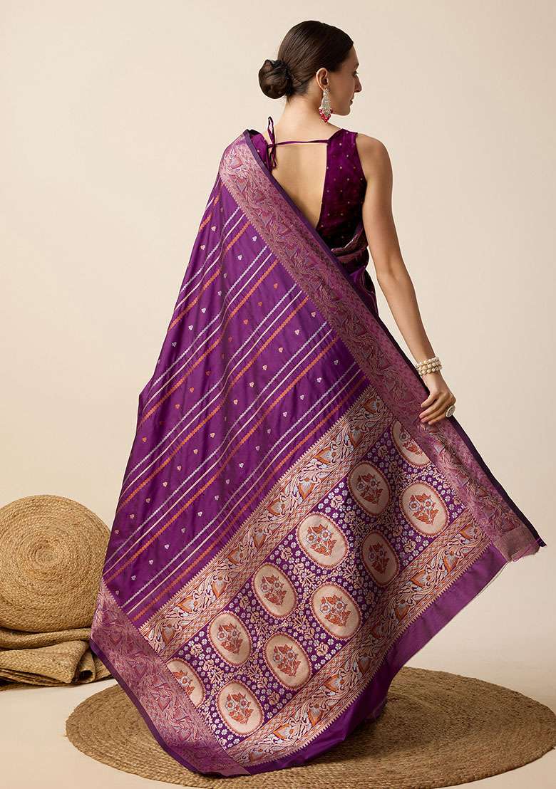 Purple Zari Woven Silk Saree Set for Diwali and Festive Wear - Indya
