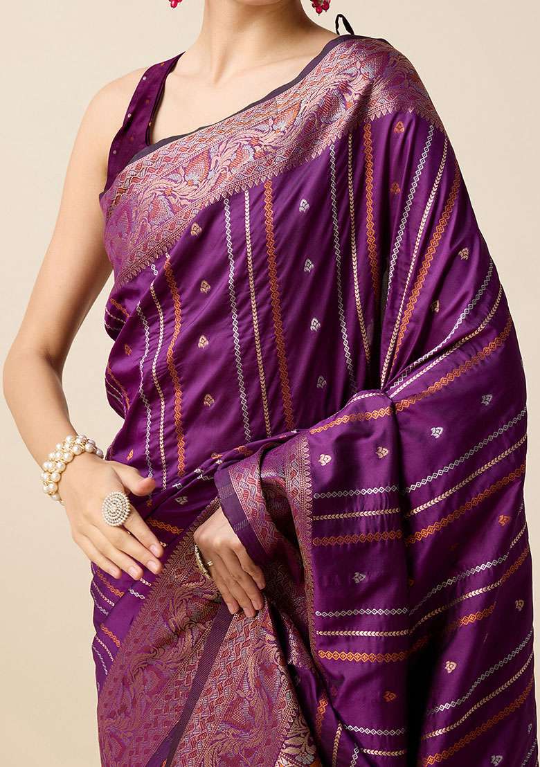 Purple Zari Woven Silk Saree Set for Diwali and Festive Wear - Indya