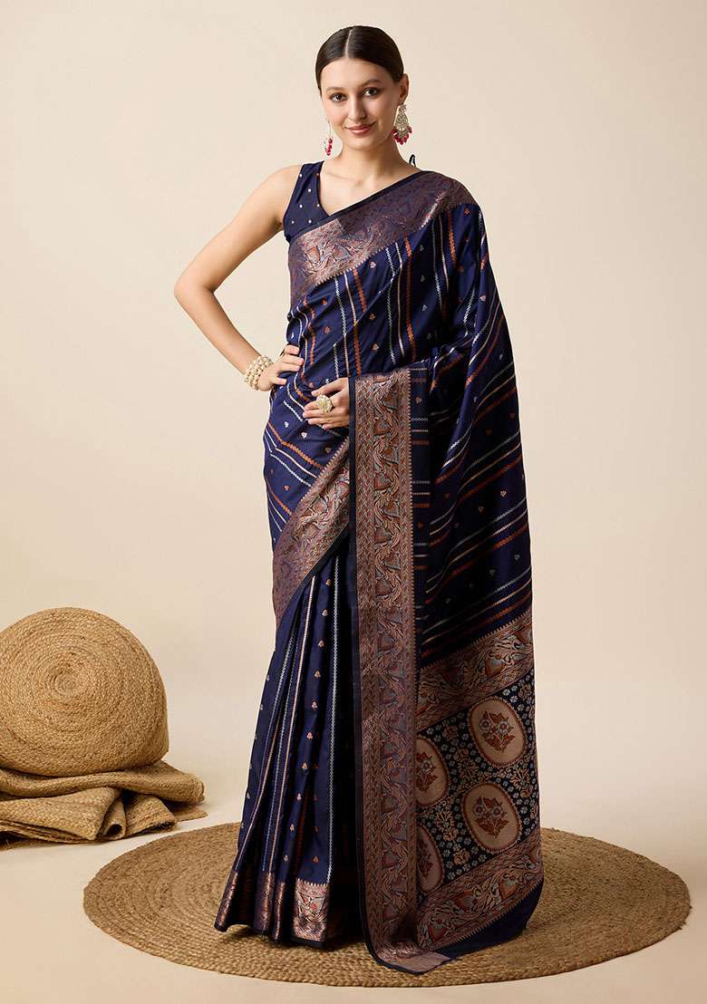Navy Blue Zari Woven Silk Saree Set for Diwali and Festive Wear - Indya