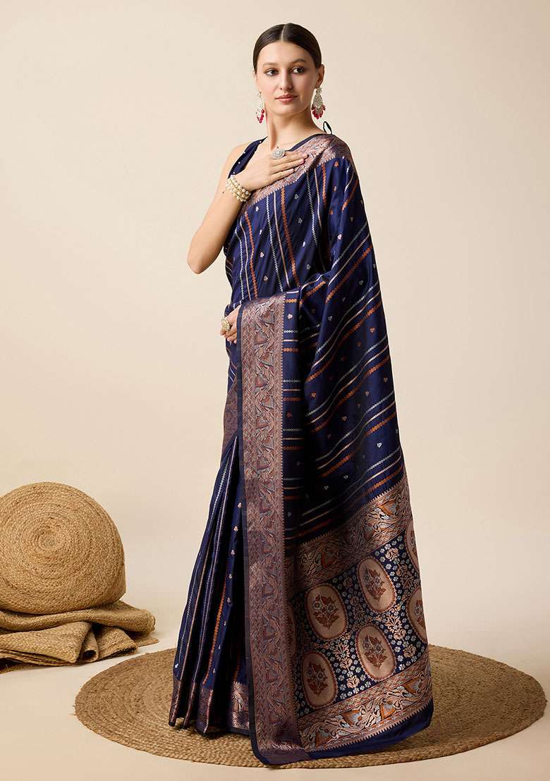 Navy Blue Zari Woven Silk Saree Set for Diwali and Festive Wear - Indya