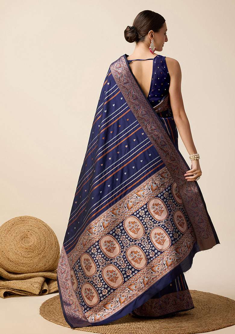Navy Blue Zari Woven Silk Saree Set for Diwali and Festive Wear - Indya
