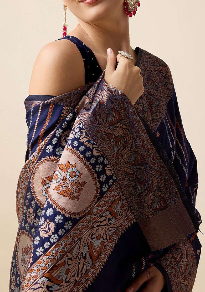 Navy Blue Zari Woven Silk Saree Set for Diwali and Festive Wear - Indya