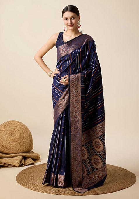 Navy Blue Zari Woven Silk Saree Set