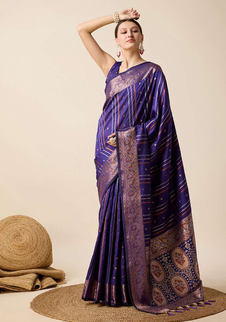 Blue Zari Woven Silk Saree Set for Diwali and Festive Wear - Indya