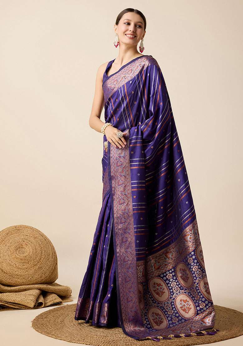 Blue Zari Woven Silk Saree Set for Diwali and Festive Wear - Indya