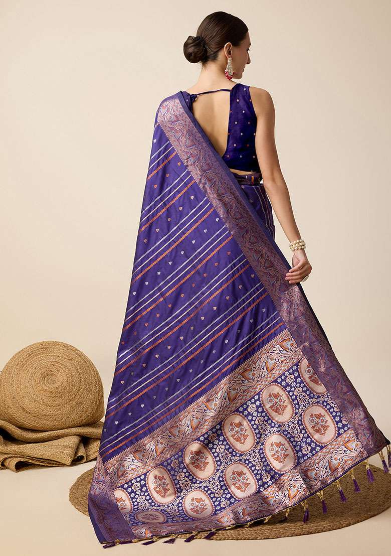 Blue Zari Woven Silk Saree Set for Diwali and Festive Wear - Indya