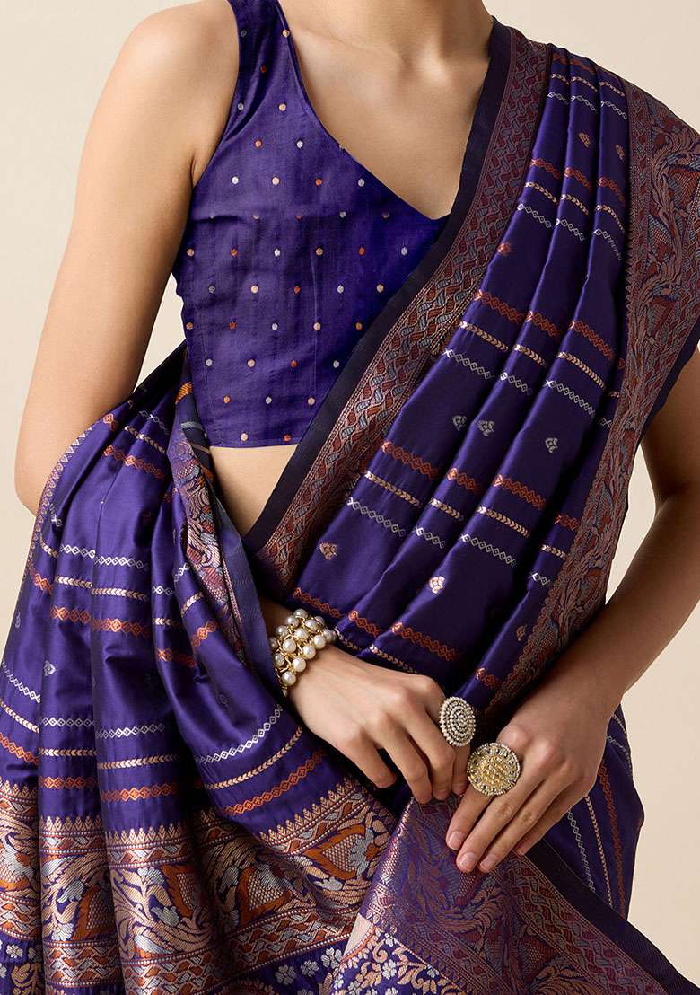 Blue Zari Woven Silk Saree Set for Diwali and Festive Wear - Indya