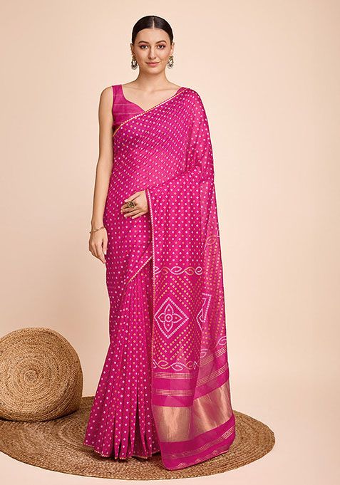 Pink Zari Woven Cotton Silk Saree Set