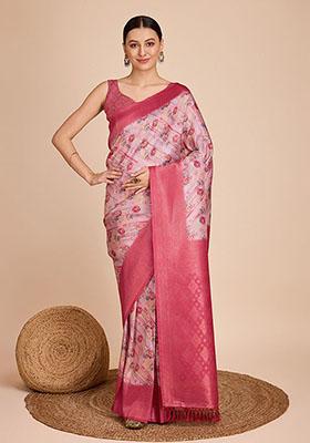 Pink Zari Woven Silk Saree Set