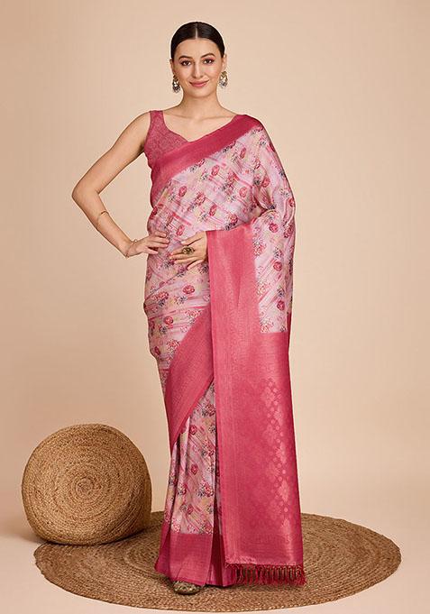 Pink Zari Woven Silk Saree Set