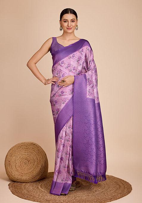 Purple Zari Woven Silk Saree Set