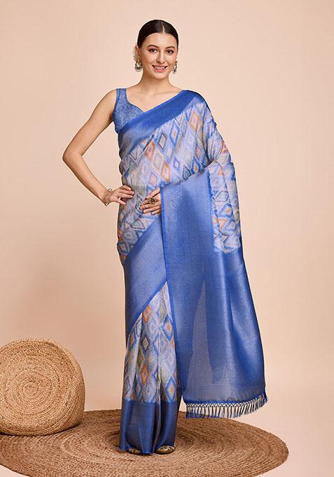 Blue Zari Woven Silk Saree Set