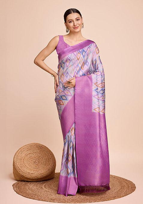 Purple Zari Woven Silk Saree Set