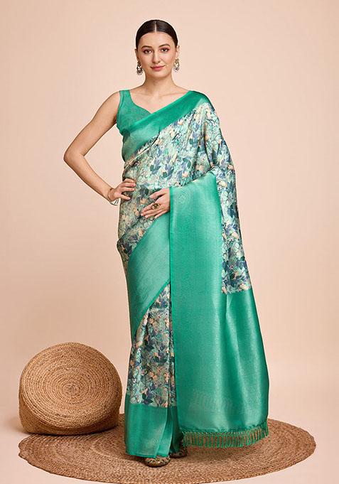 Sea Green Zari Woven Silk Saree Set