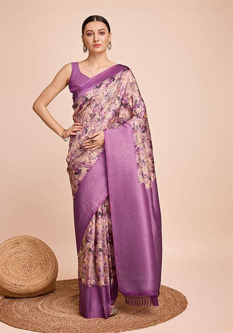 Purple Zari Woven Silk Saree Set