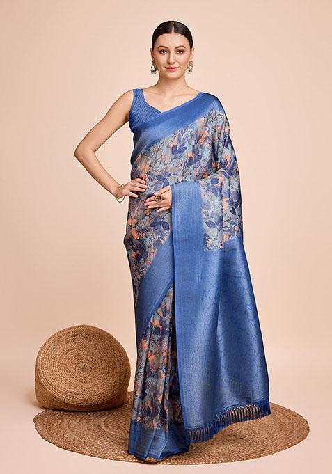 Blue Zari Woven Silk Saree Set