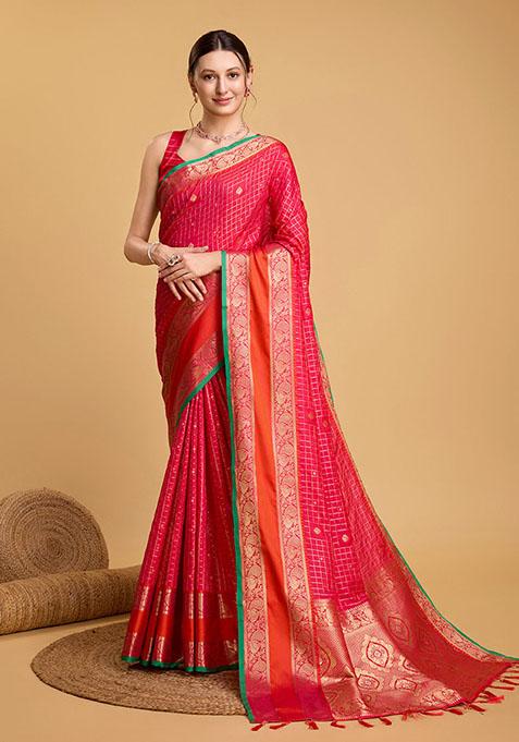 Rani Pink Zari Woven Silk Saree Set