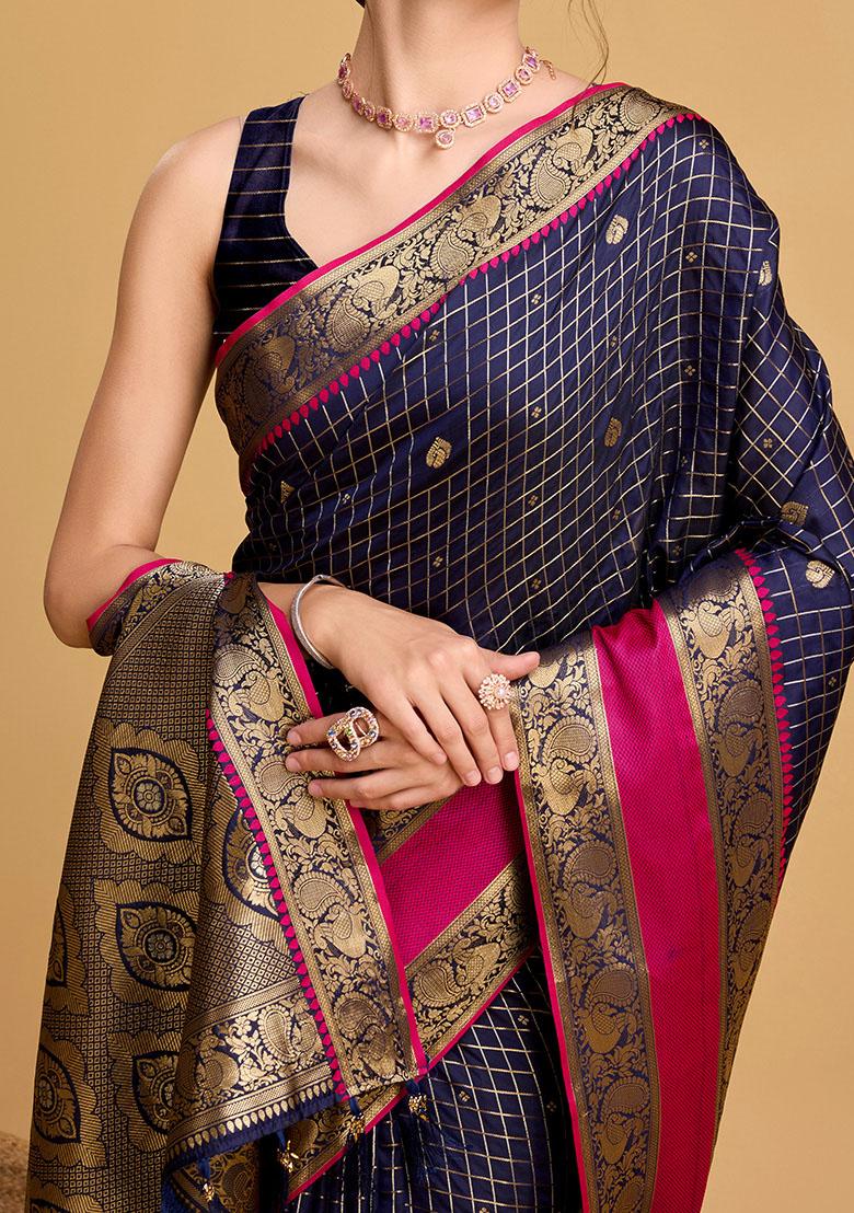 Navy Blue Zari Woven Silk Saree Set - Indya