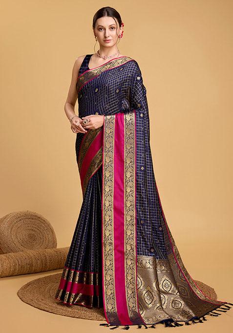 Navy Blue Zari Woven Silk Saree Set