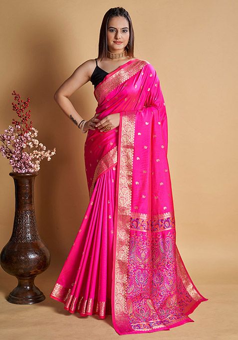 Pink Zari Woven Silk Saree Set