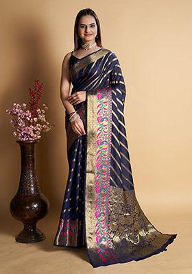Navy Blue Zari Woven Silk Saree Set