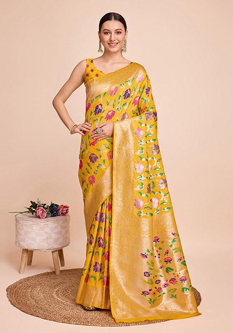 Yellow Woven Silk Saree Set