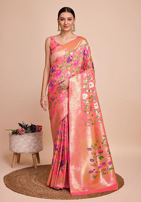 Peach Woven Silk Saree Set