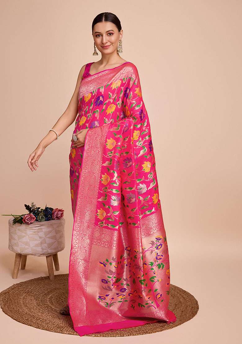 Pink Woven Silk Saree Set for Diwali and Festive Wear - Indya