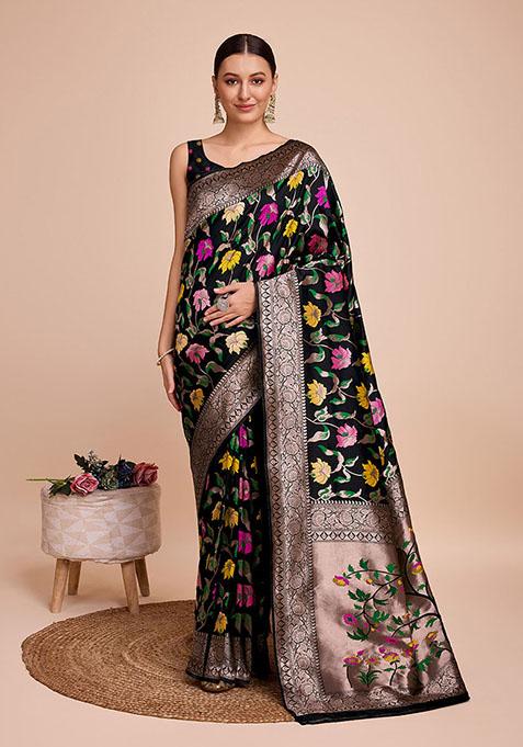 Black Woven Silk Saree Set