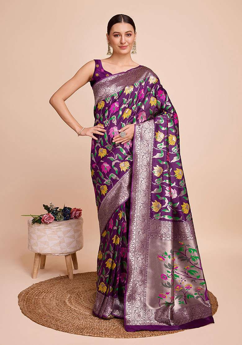 Wine Woven Silk Saree Set for Diwali | Wedding & Festive Wear - Indya