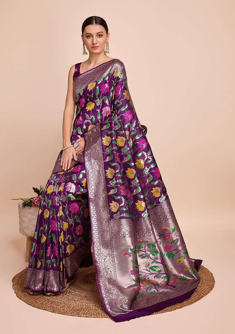 Wine Woven Silk Saree Set for Diwali | Wedding & Festive Wear - Indya