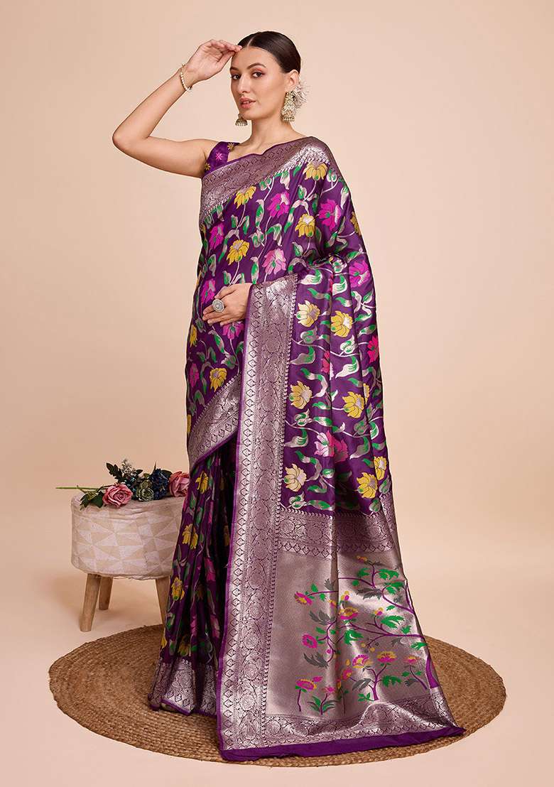 Wine Woven Silk Saree Set for Diwali | Wedding & Festive Wear - Indya