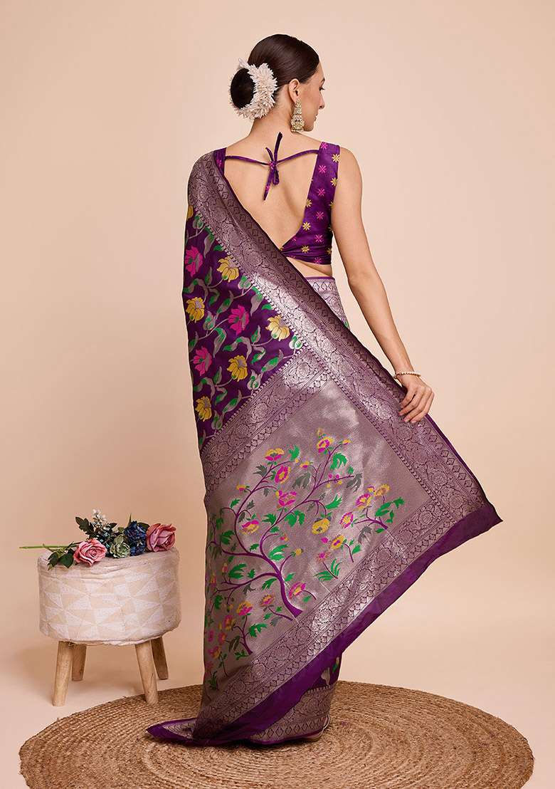 Wine Woven Silk Saree Set for Diwali | Wedding & Festive Wear - Indya