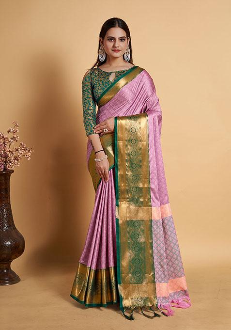 Pink Zari Woven Lichi Silk Saree Set