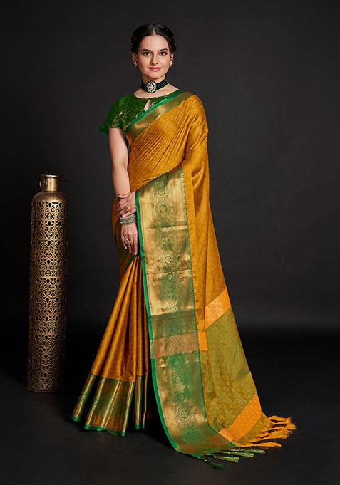 Yellow Zari Woven Lichi Silk Saree Set