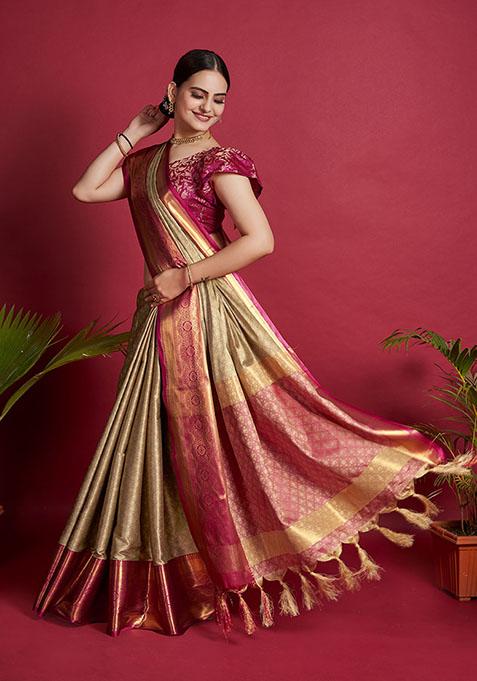 Pista Zari Woven Lichi Silk Saree Set