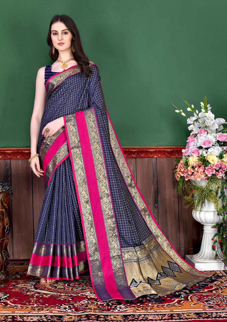 Navy Blue Zari Woven Silk Saree Set for Diwali | Wedding & Festive Wear - Indya